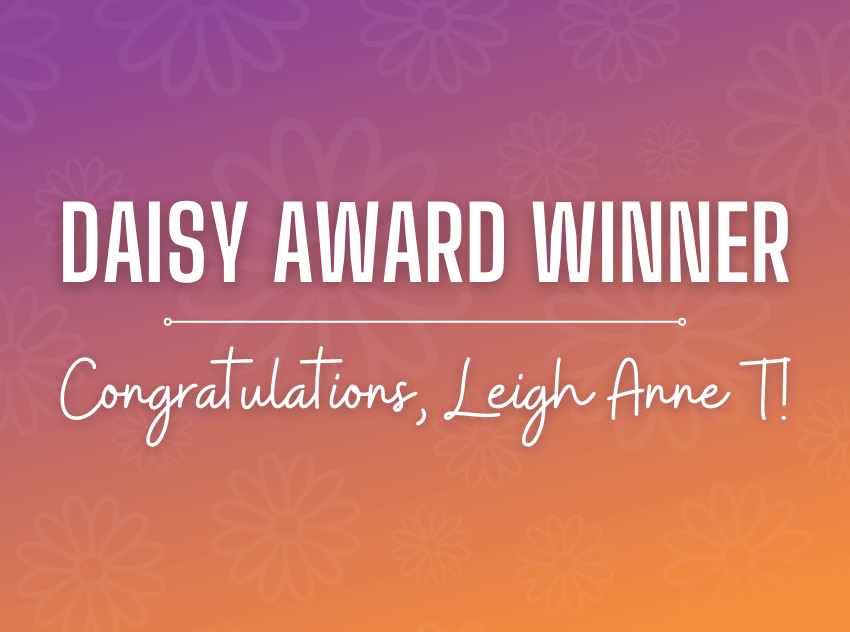 words daisy award winner congratulations, Leight Anne T, on pink and orange background