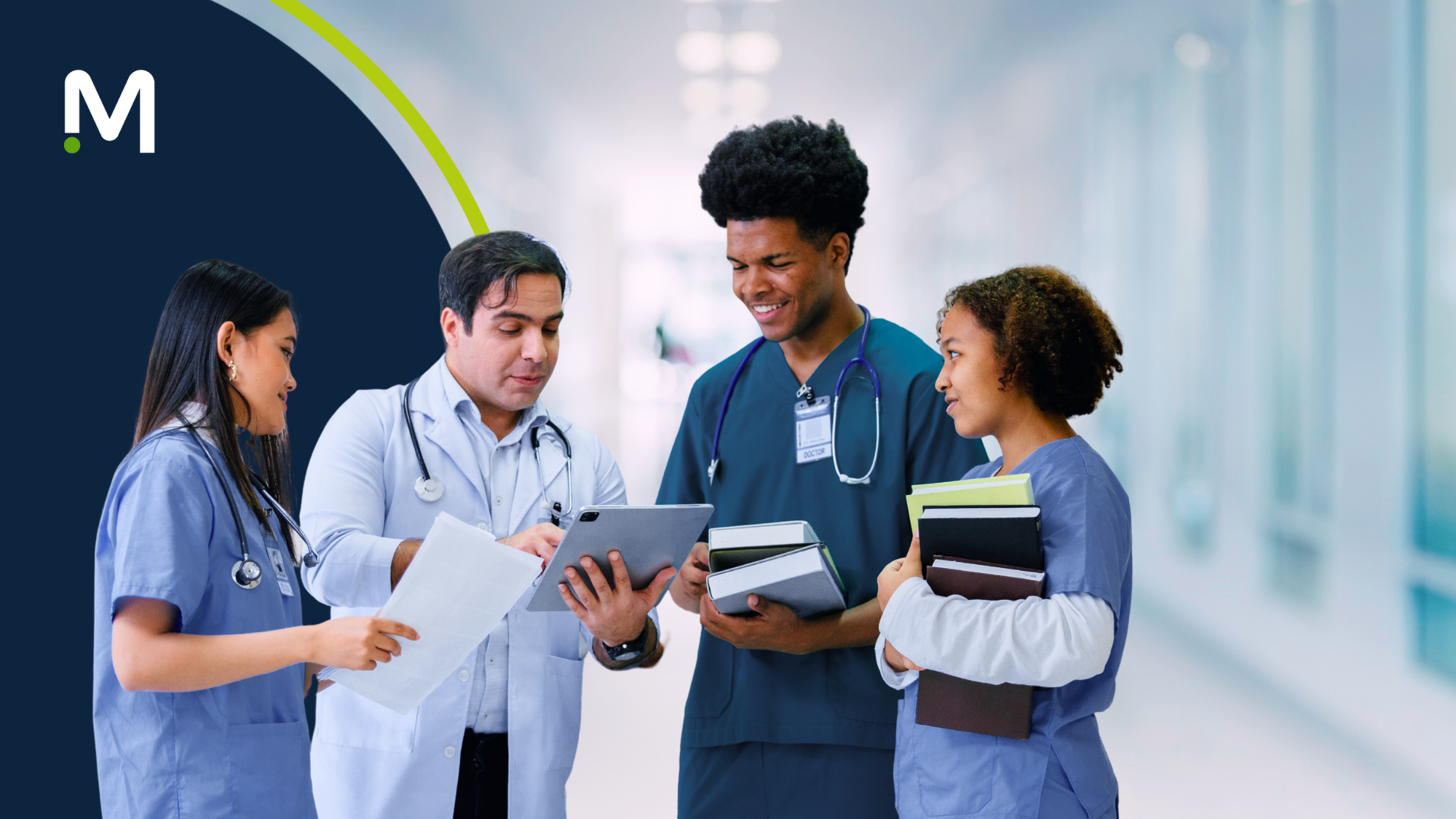 Two female healthcare workers talking to two male healthcare workers