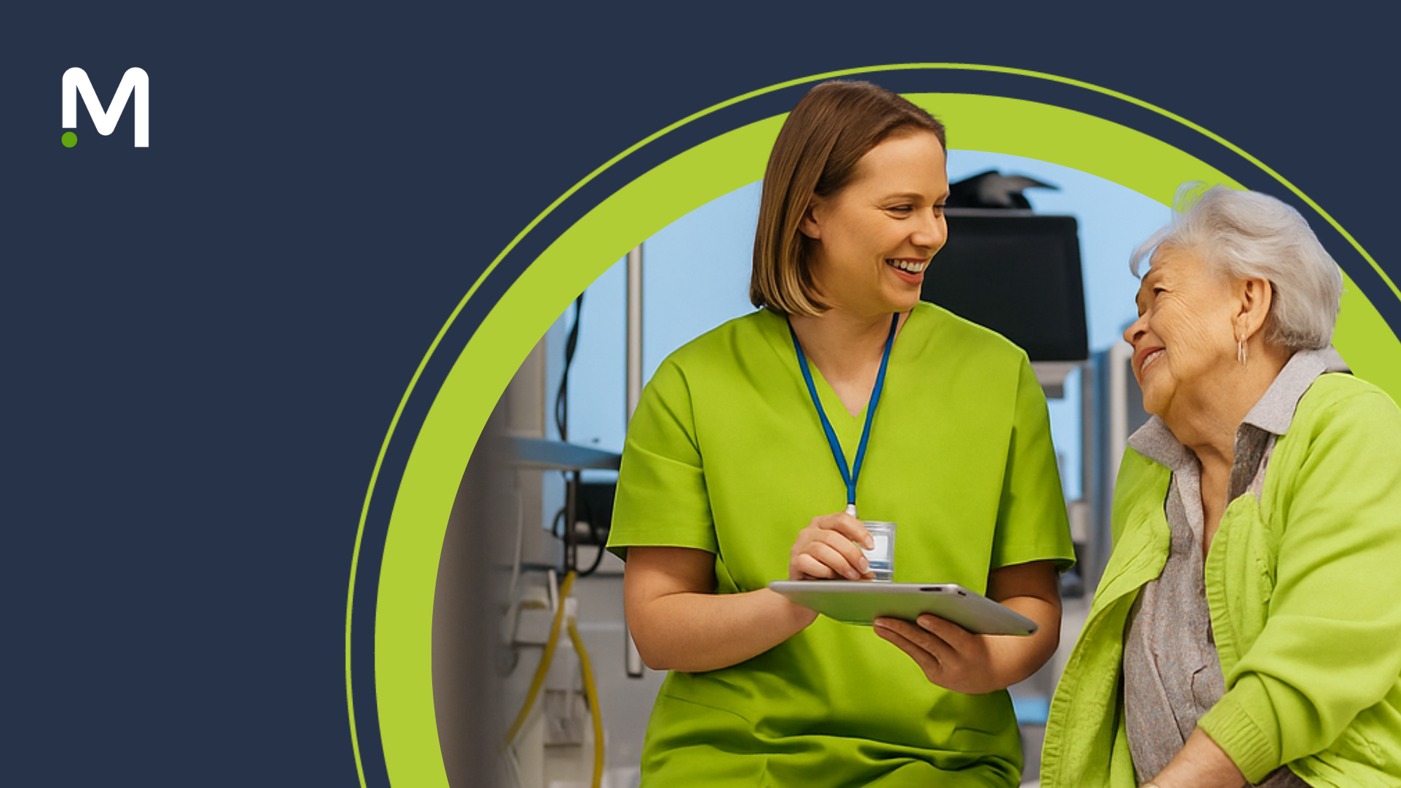 nurse in lime green scrubs talking to elderly female patient in a lime green jacket, with blue medical solutions background