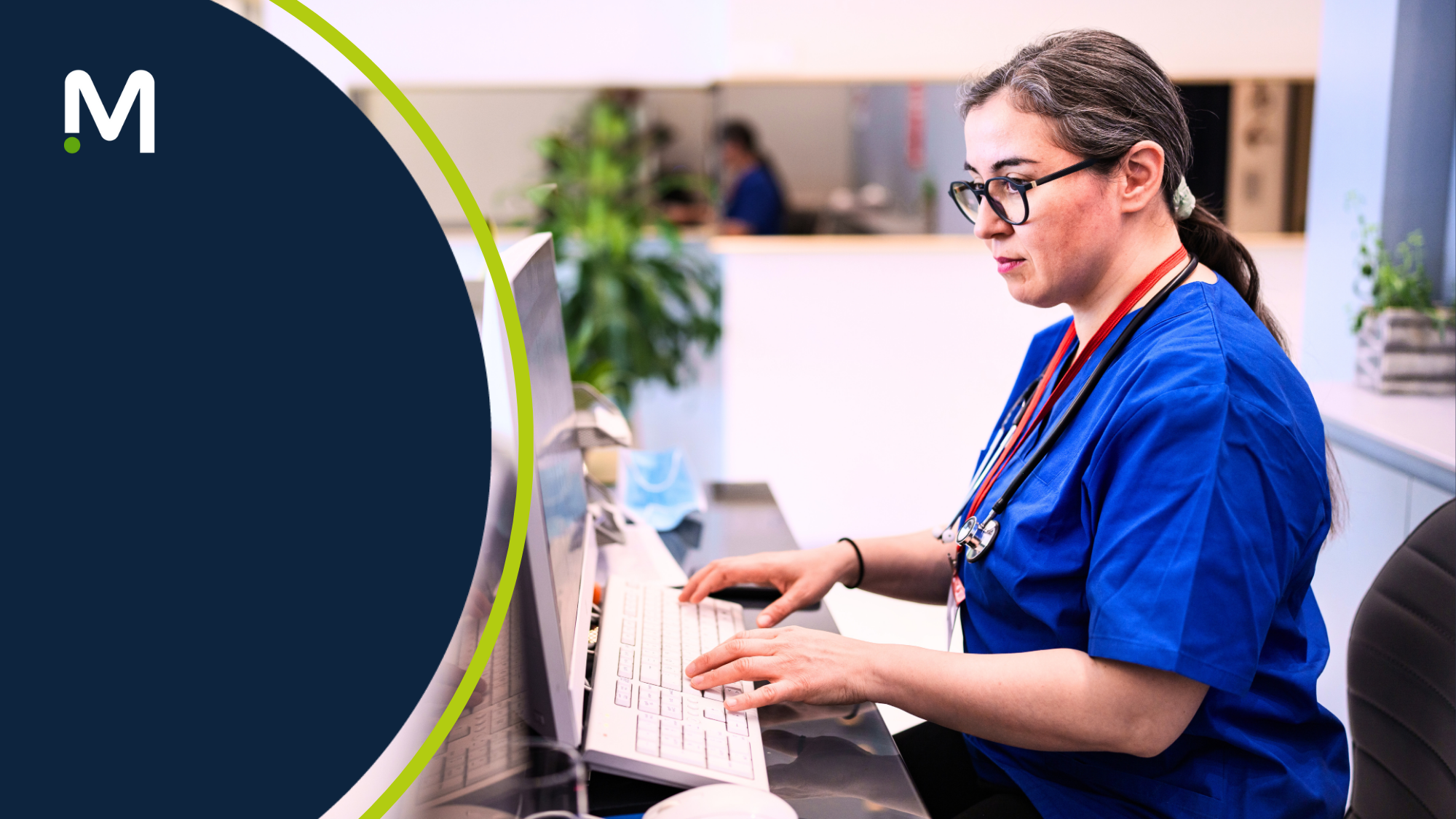 clinician-in-scrubs-working-on-computer-with-blue-and-green-semicircle-design-on-left