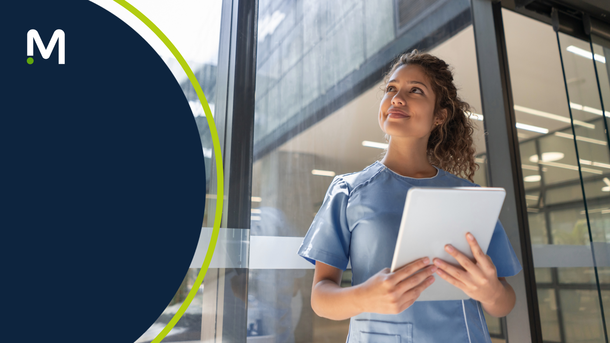 Clinician in blue scrubs, daydreaming of working with a travel nursing agency