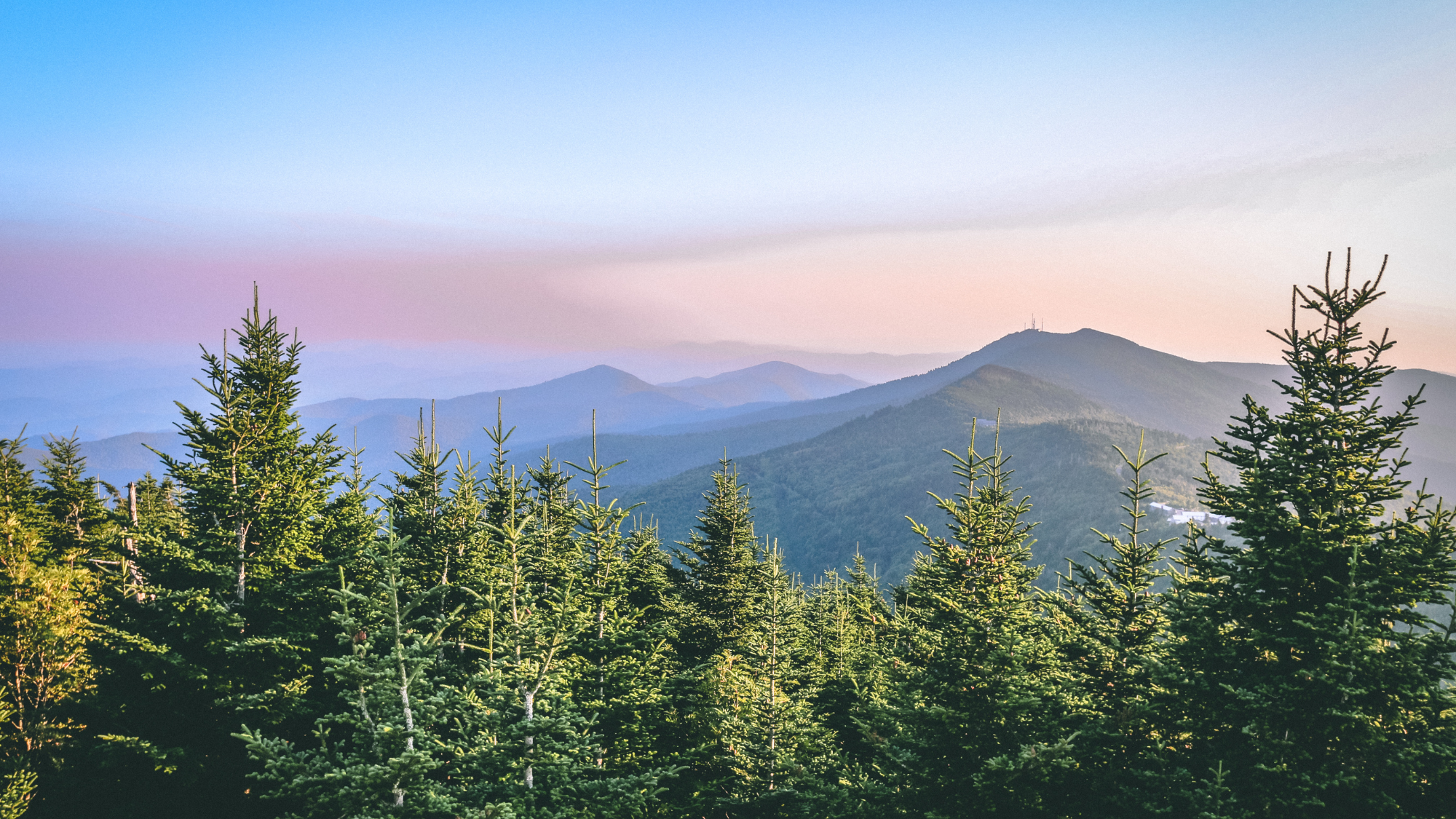 Scenic view of mountains and a sunset surrounded by trees.