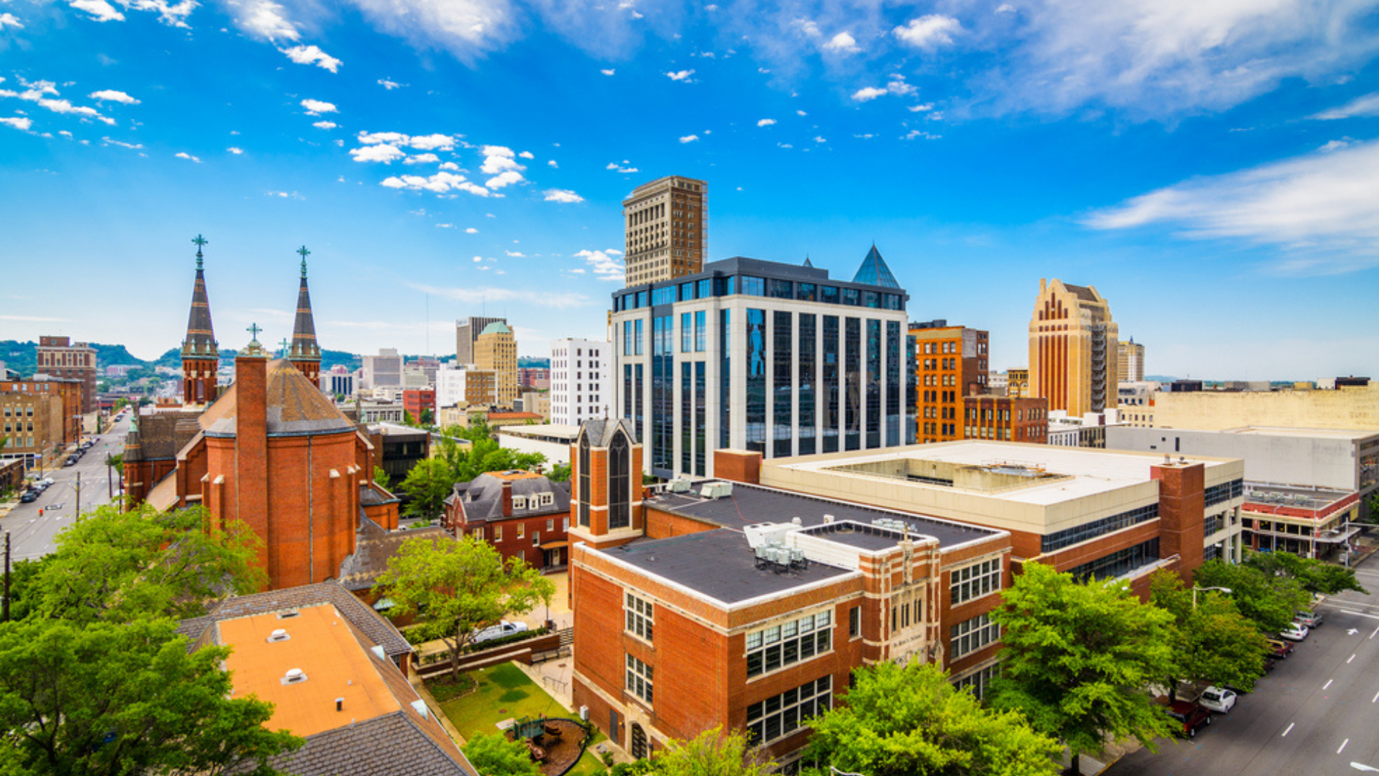 Aerial view of a city in Alabama on a sunny day.